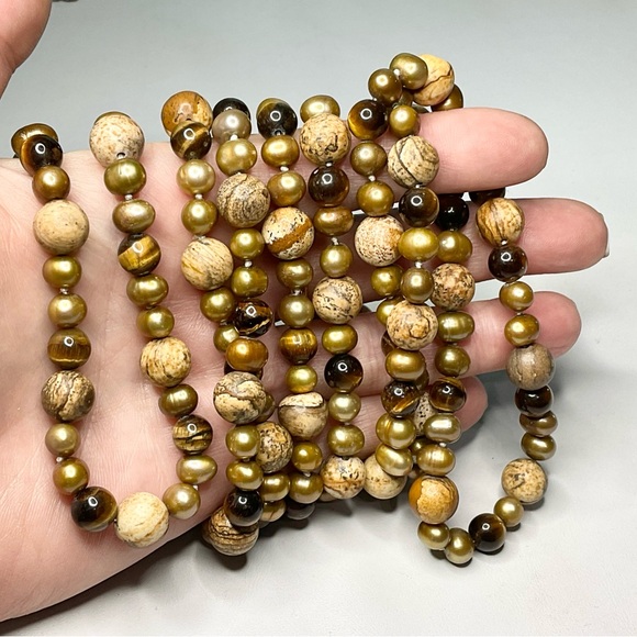 Pearl + Tiger Eye + Jasper Long Bead Necklace - Picture 6 of 6